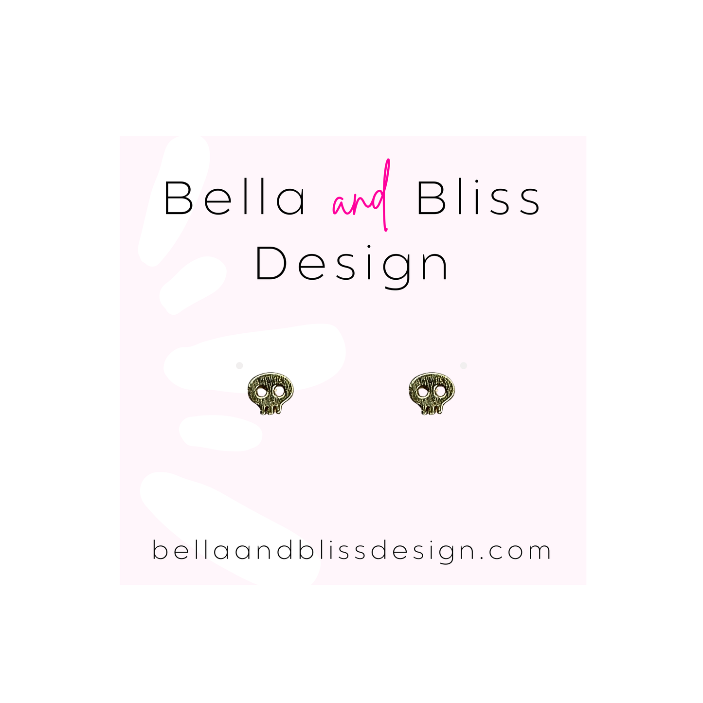 Skull-shaped earrings on a white background with 'Bella and Bliss Design' text.