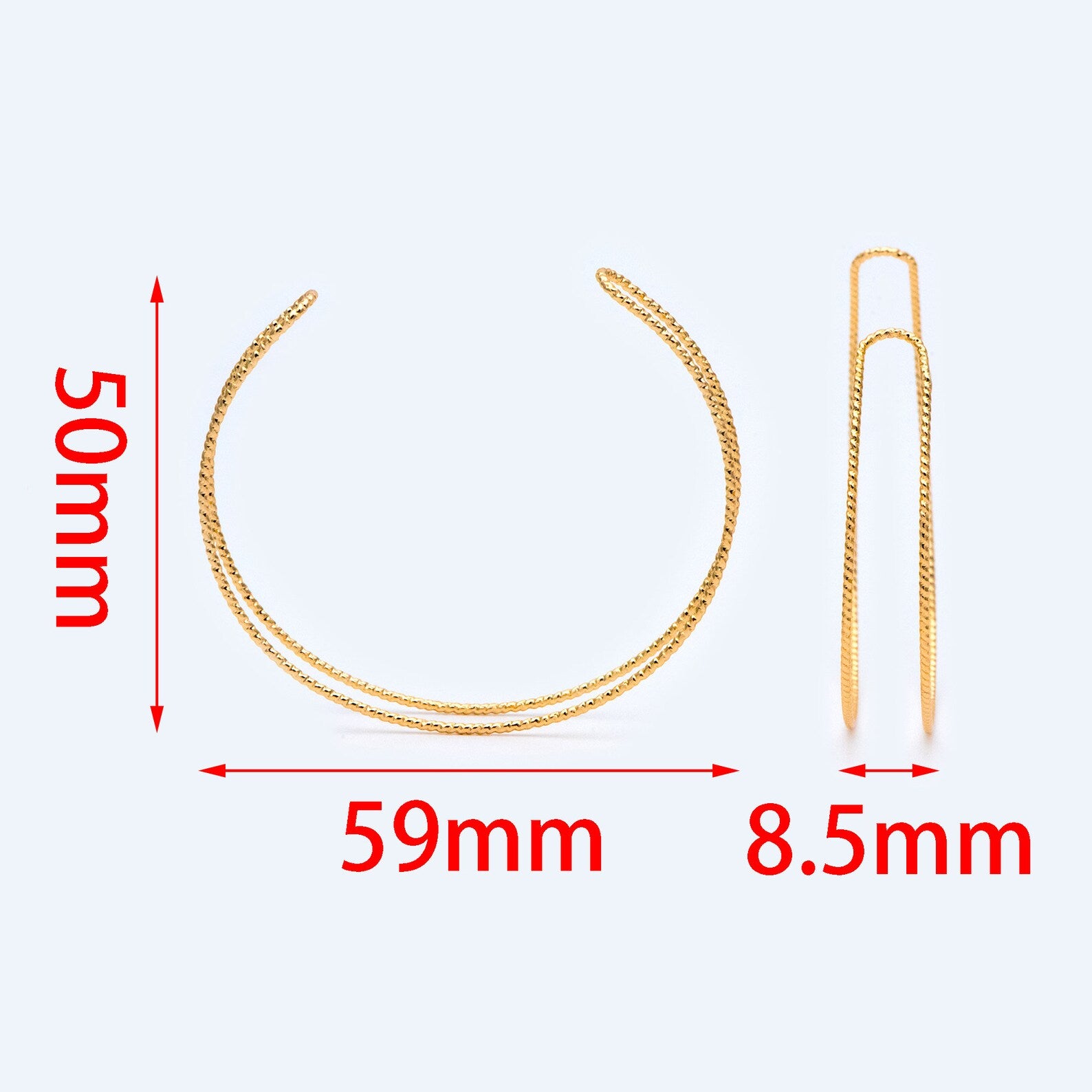 Gold chain necklace with measurements on a white background