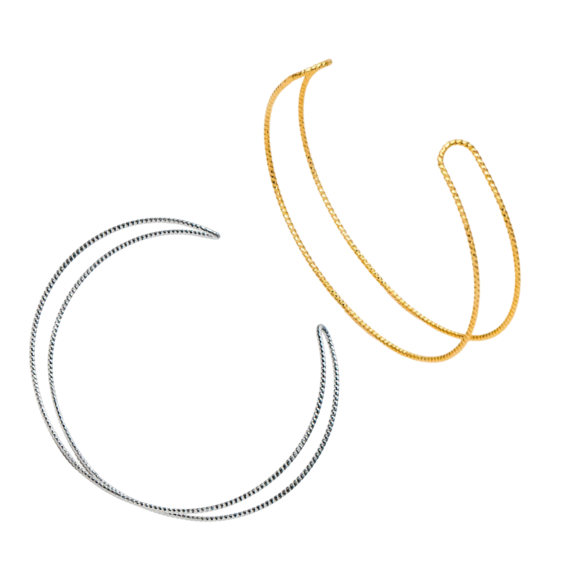 Two gold and two silver chains on a white background