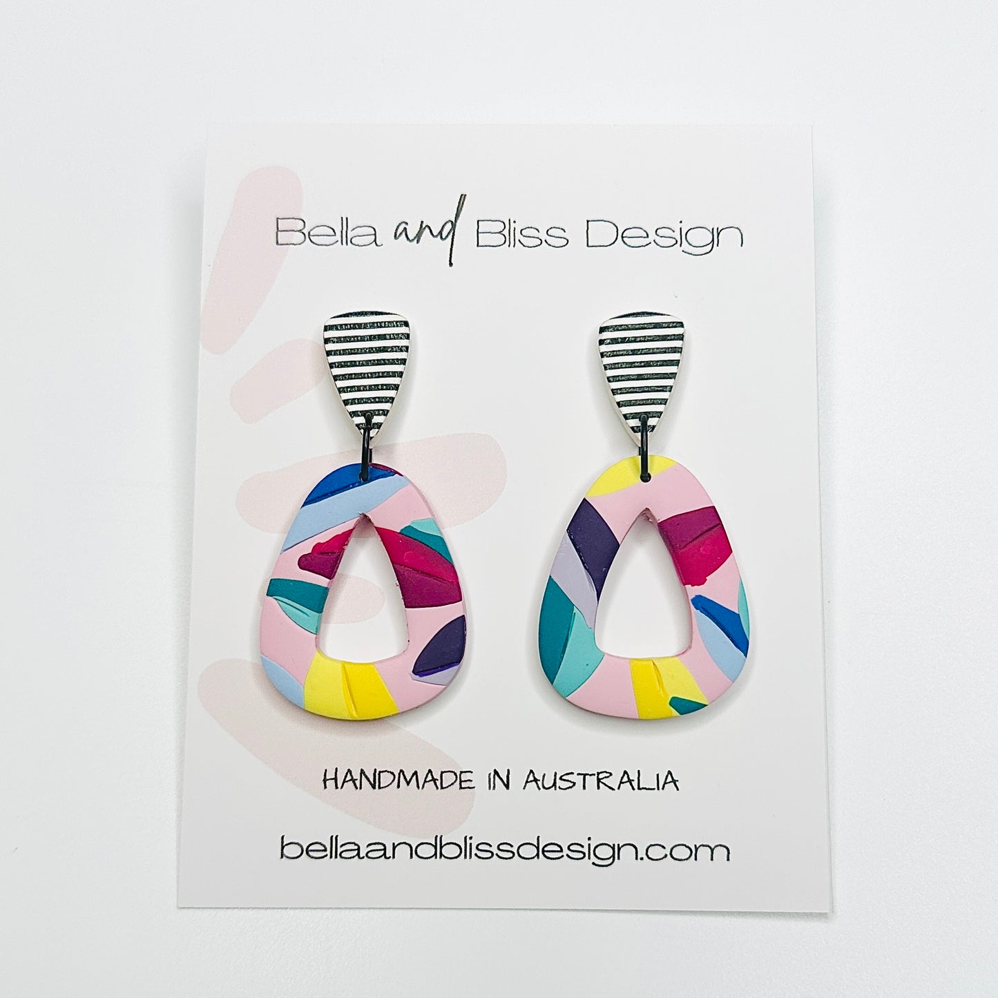 Freya // Rainbow Leaves // Clay Dangle Earrings // Yellow, Blues, Green, White, Black, Fuchsia  and Stripes