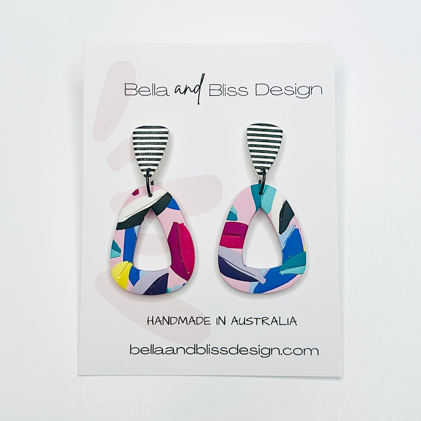 Freya // Rainbow Leaves // Clay Dangle Earrings // Yellow, Blues, Green, White, Black, Fuchsia  and Stripes