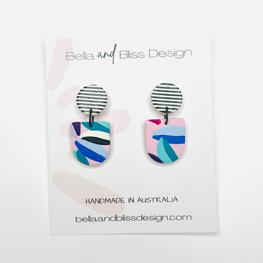 Frankie // Rainbow Leaves // Clay Dangle Earrings // Yellow, Blues, Green, White, Black, Fuchsia  and Stripes