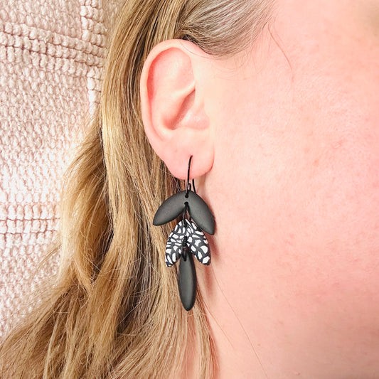 Breeze Leaves // Clay Dangle Earrings // Black and Ivory