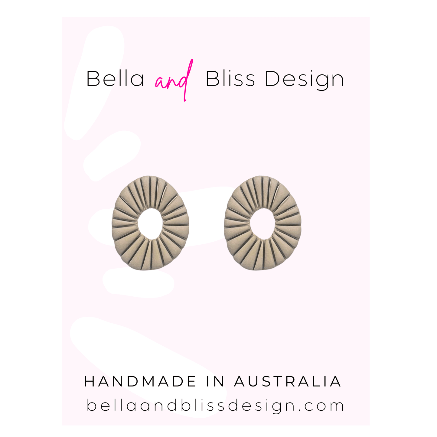 Pair of circular earrings on a light pink background with 'Bella and Bliss Design' branding.