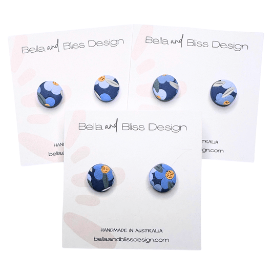 Set of blue and white patterned earrings on Bella and Bliss Design cards.