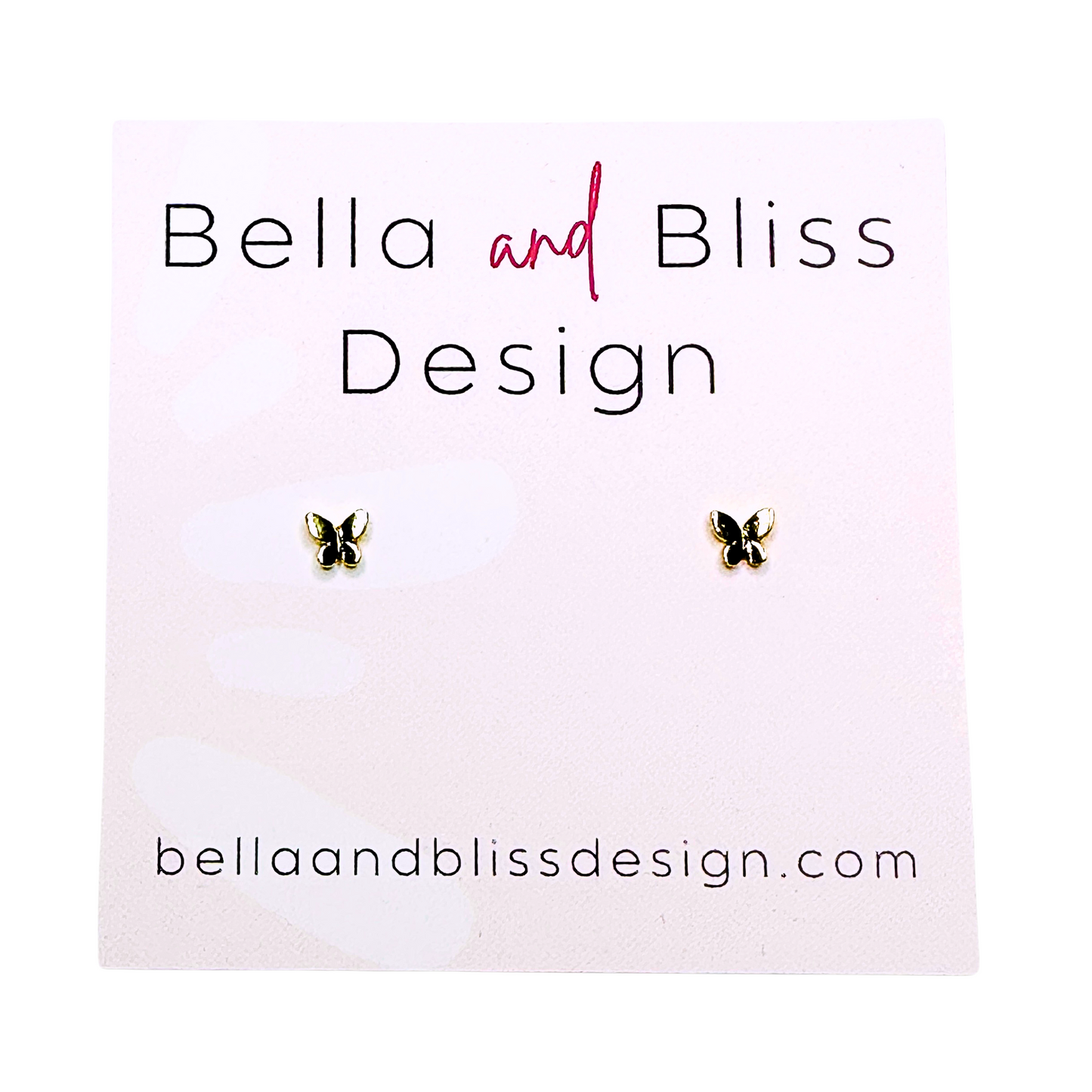 Butterfly earrings on a Bella and Bliss Design card with website URL.