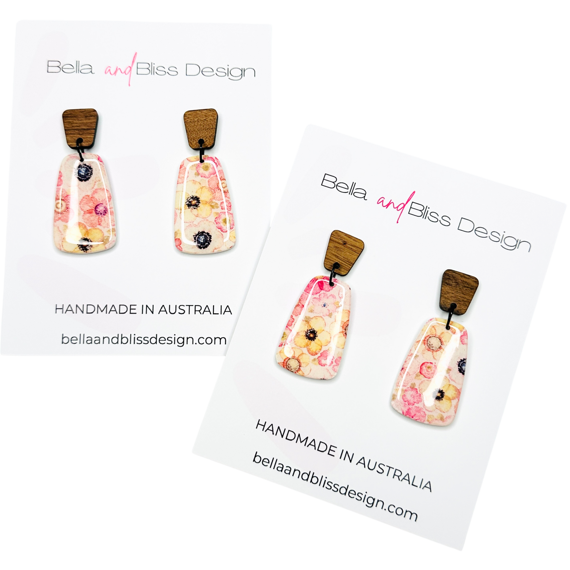 Pair of floral earrings with wooden accents on a white background, featuring 'Bella and Bliss Design'.