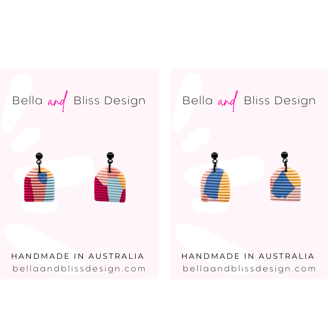 Colorful earrings with 'Bella and Bliss Design' branding on a white background.