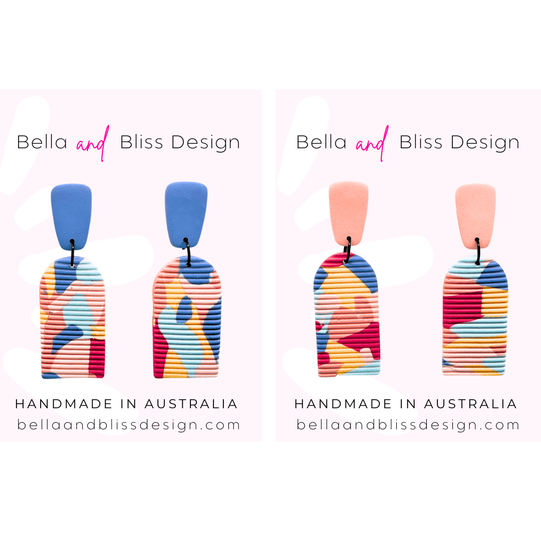 Colorful earrings with 'Bella and Bliss Design' branding on a white background.