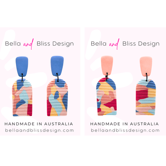 Colorful earrings with 'Bella and Bliss Design' branding on a white background.