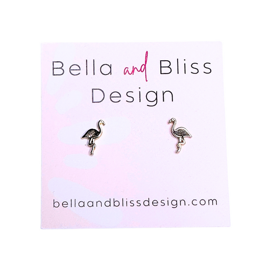 18K gold plated mini stud earrings with a flamingo design, presented on a pink and white card with 'Bella and Bliss Design' branding.