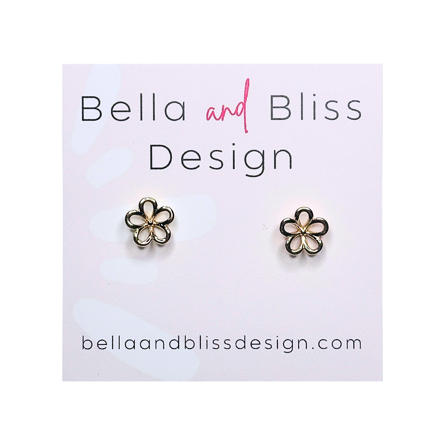 A pair of 18K gold plated mini stud earrings with a floral design, displayed on a white background with 'Bella and Bliss Design' written at the top.