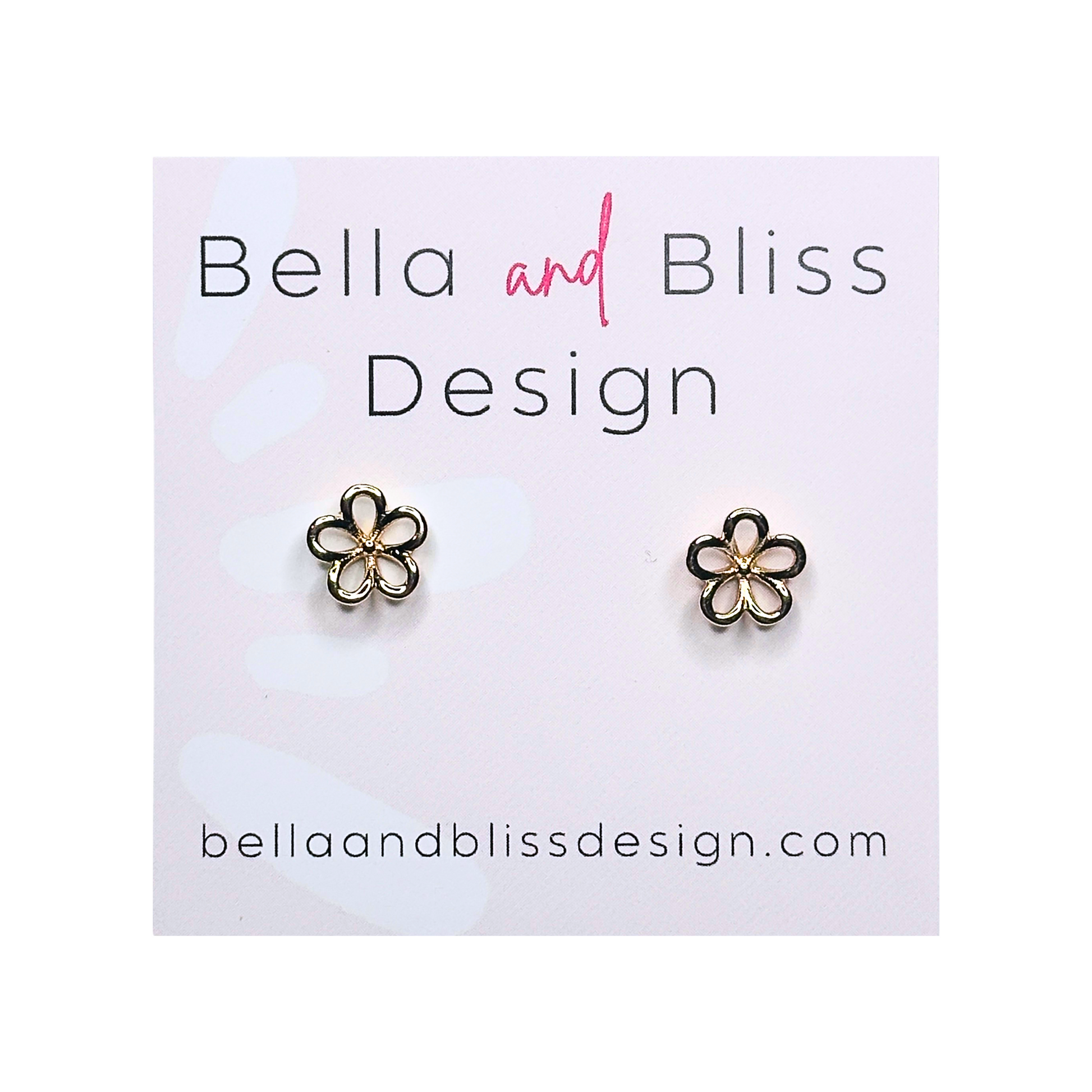 A pair of 18K gold plated mini stud earrings with a floral design, displayed on a white background with 'Bella and Bliss Design' written at the top.