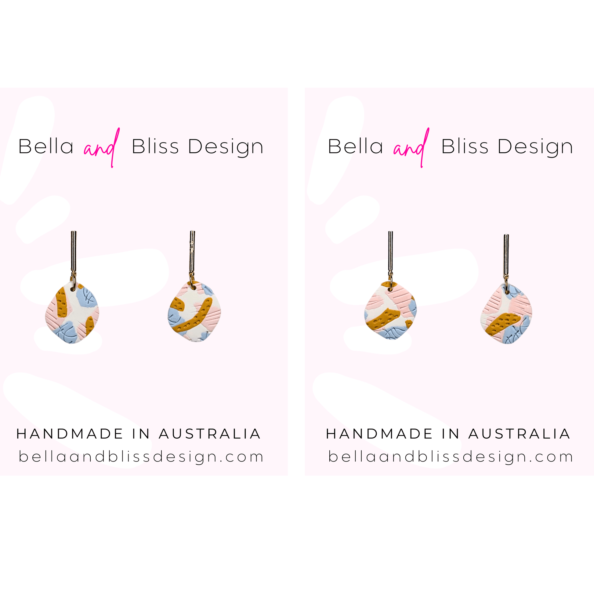 Decorative earrings with geometric patterns on a white background, branded as Bella and Bliss Design.