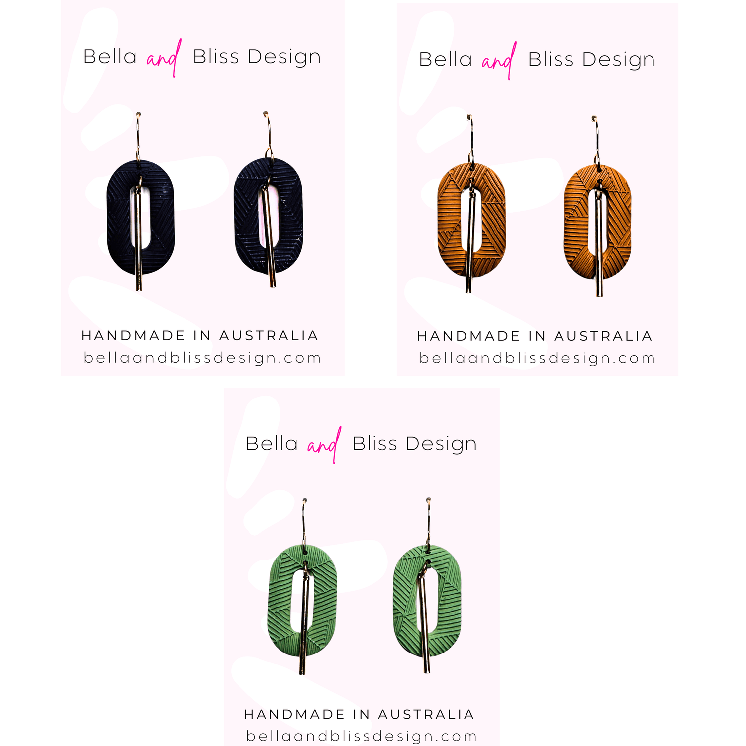 Bella and Bliss Design earrings in deep purple, brown, and green on a white background.