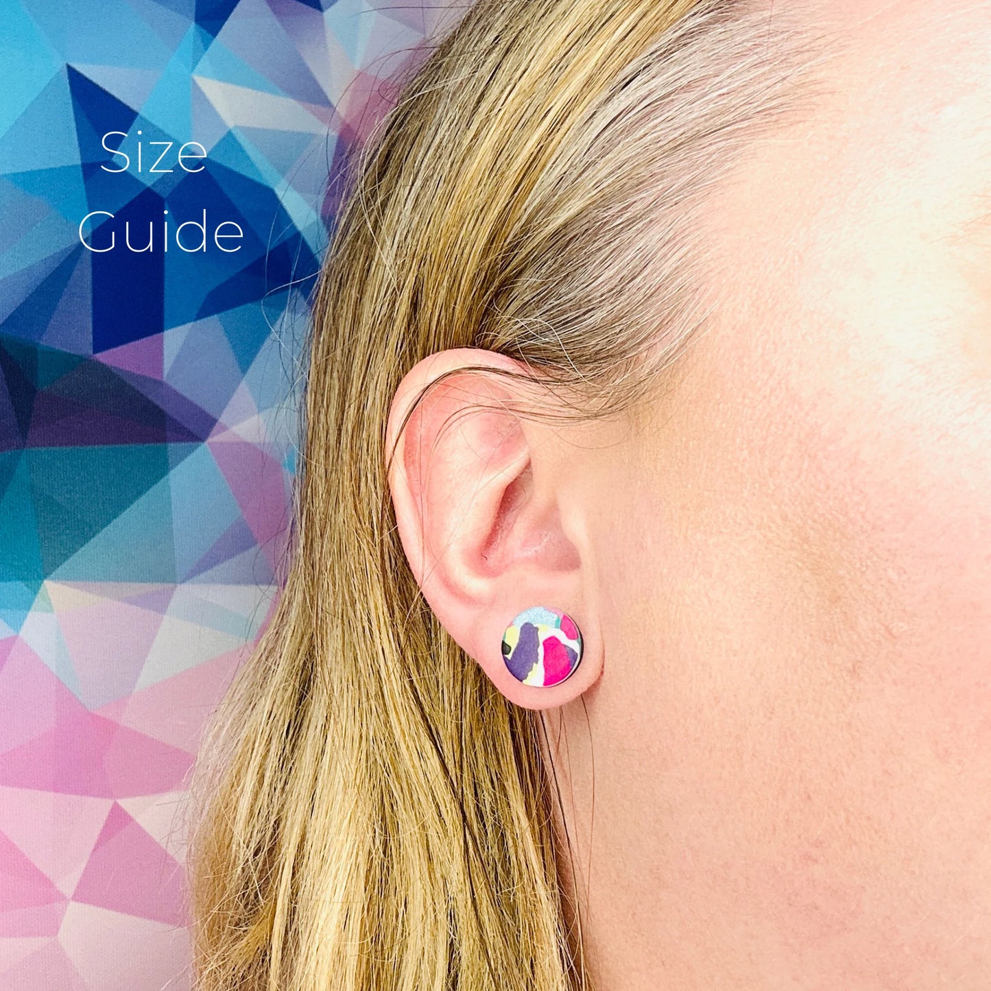 Earring worn on an ear with a colorful geometric background labeled 'Size Guide'.