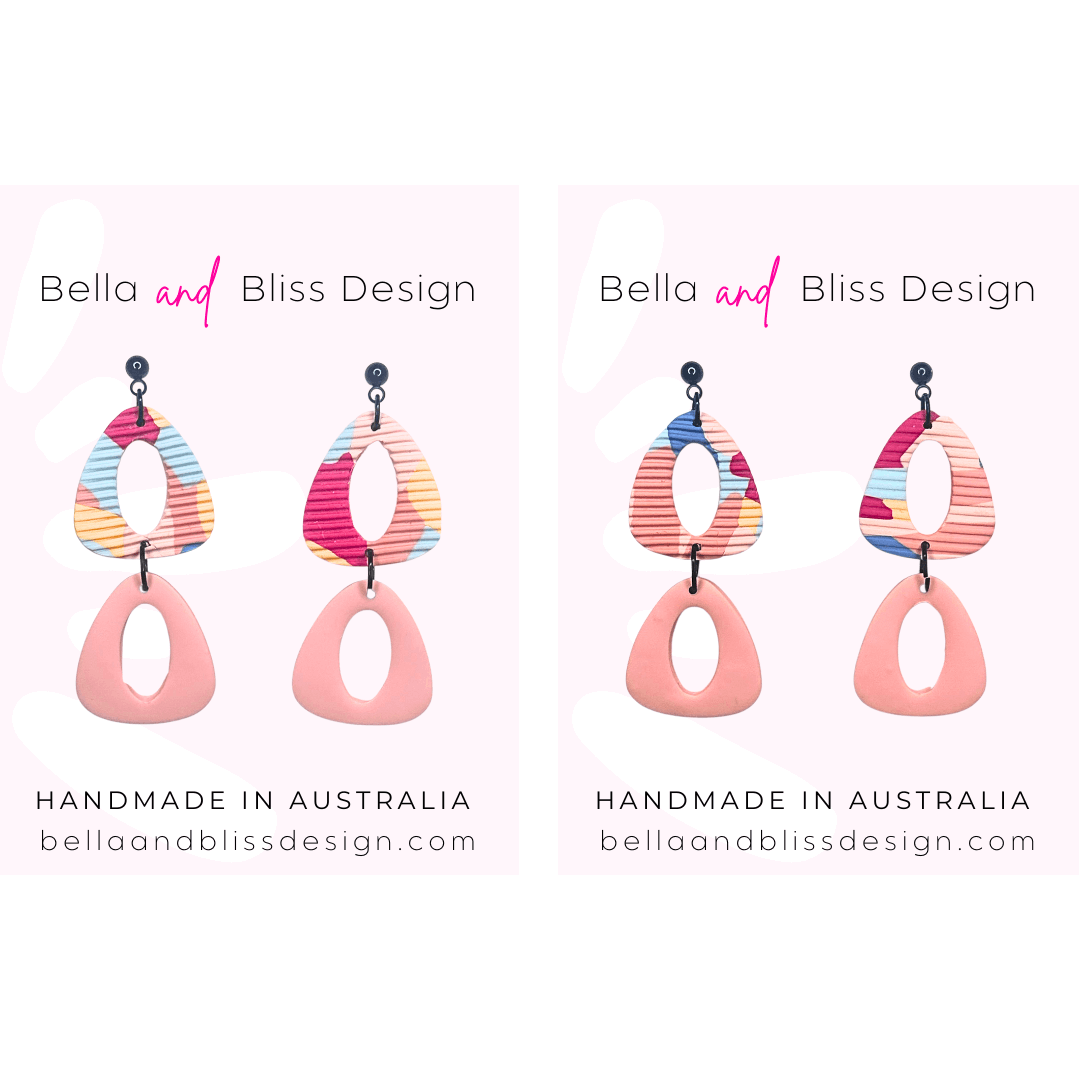 Colorful earrings with 'Bella and Bliss Design' branding on a white background.