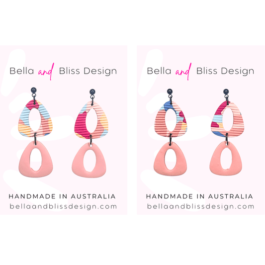 Colorful earrings with 'Bella and Bliss Design' branding on a white background.