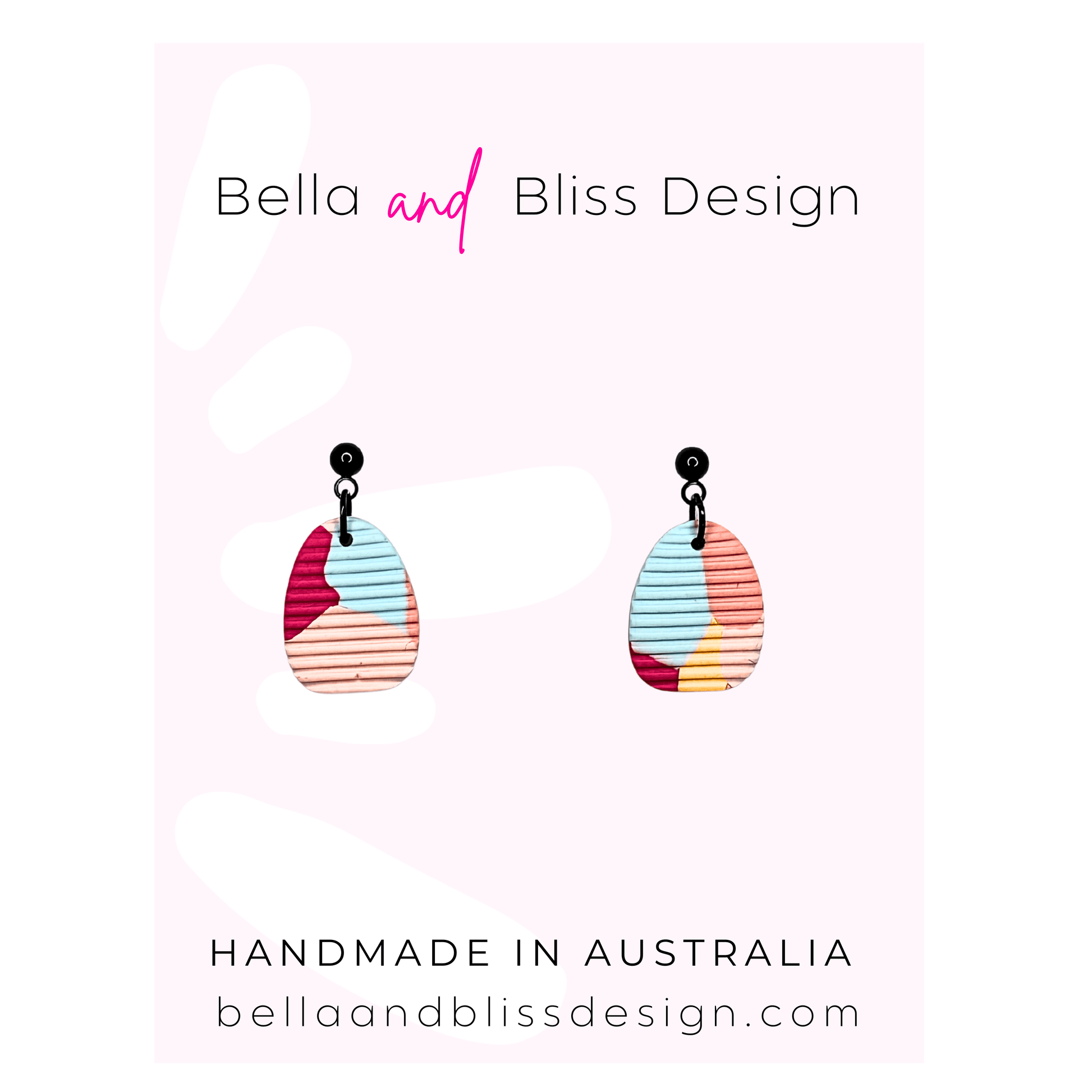 Colorful earrings with 'Bella and Bliss Design' branding on a pink gradient background.