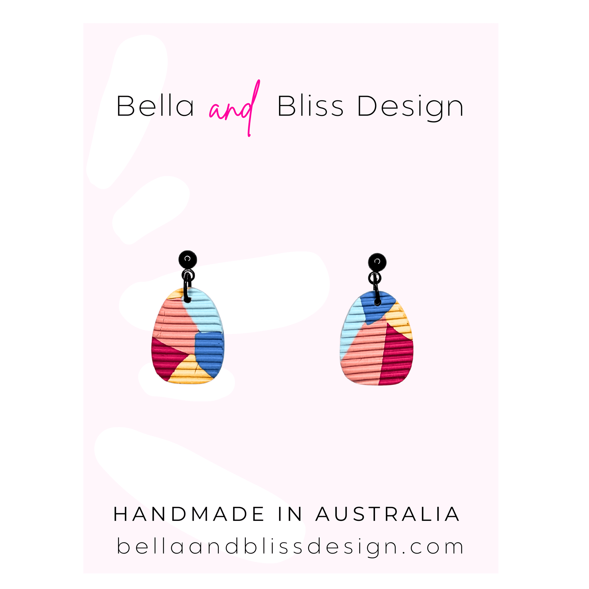 Colorful earrings with 'Bella and Bliss Design' branding on a pink gradient background.