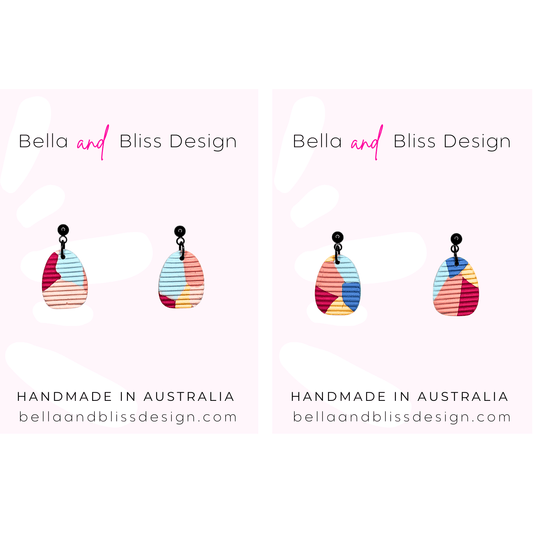 Colorful earrings with 'Bella and Bliss Design' branding on a white background.