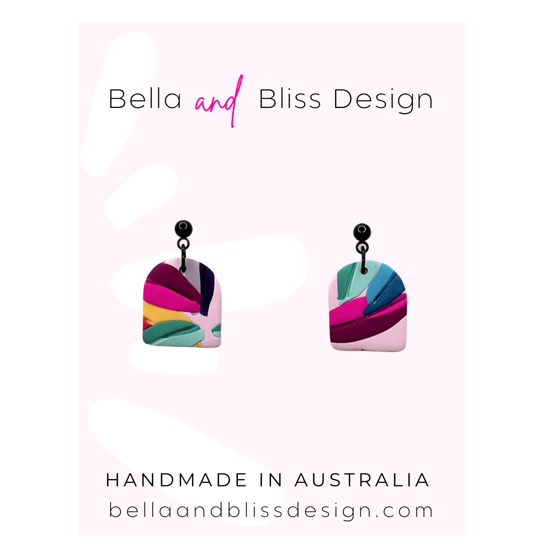 Colourful earrings with 'Bella and Bliss Design' branding on a white background.